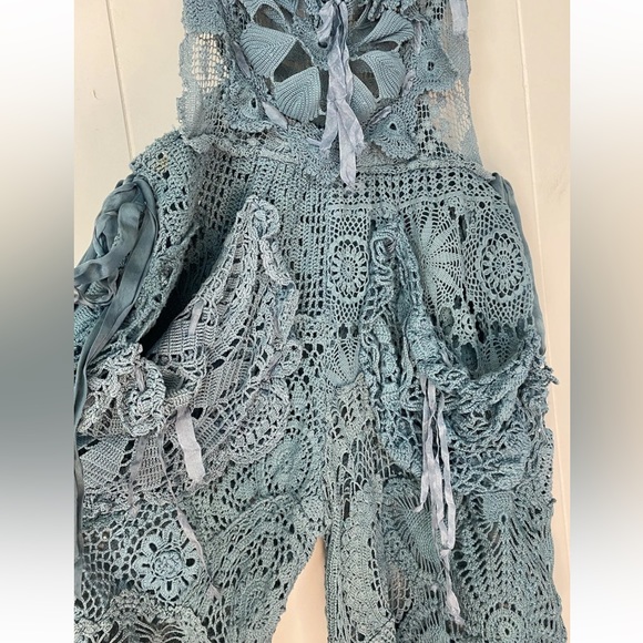 Magnolia Pearl Teal Crochet Silk Ribbon Patchwork Overalls ⭐️Please Read - Picture 4 of 16